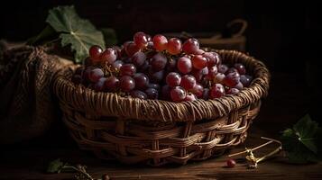 uva frutta su bambù cestino con sfocato sfondo, ai generativo foto