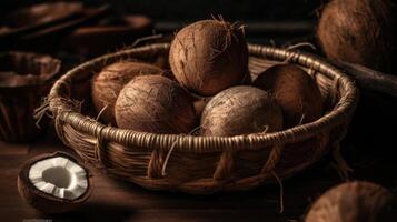 noci di cocco frutta nel un' bambù cestino con sfocato sfondo, ai generativo foto