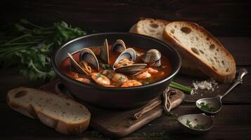 vicino su speziato rosso cioppino la minestra con mollusco carne su un' nero piatto e sfocatura sfondo, ai generativo foto