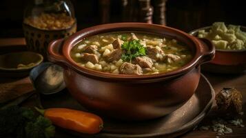 avvicinamento verde chile stufato messicano cibo su di legno boccale con sfocato sfondo, ai generativo foto