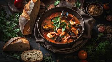 speziato rosso cioppino la minestra con mollusco carne su un' nero piatto e sfocatura sfondo, ai generativo foto