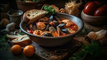 avvicinamento cioppino la minestra con mollusco carne su un' nero piatto e sfocatura sfondo, ai generativo foto