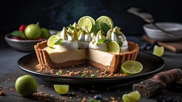 vicino su dolce lime torta con affettato lime frutta sfocatura sfondo, ai generativo foto