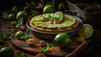 vicino su dolce lime torta con affettato lime frutta sfocatura sfondo, ai generativo foto