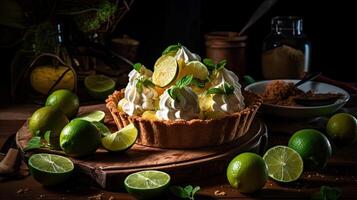 vicino su dolce lime torta con affettato lime frutta sfocatura sfondo, ai generativo foto