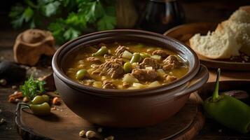 verde chile stufato messicano cibo su di legno boccale con sfocato sfondo, ai generativo foto