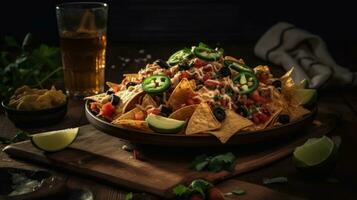 avvicinamento nachos pieno di pezzi di verdure con sfocato sfondo, ai generativo foto