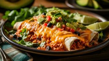 avvicinamento nuovo messicano piatto enchiladas con verdura pezzi e sfocato sfondo, ai generativo foto