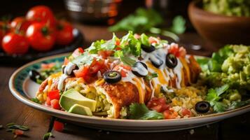 nuovo messicano piatto enchiladas con verdura pezzi e sfocato sfondo, ai generativo foto