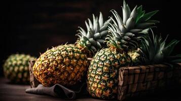 avvicinamento ananas frutta nel un' bambù cestino con sfocatura sfondo, ai generativo foto