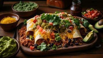 avvicinamento nuovo messicano piatto enchiladas con verdura pezzi e sfocato sfondo, ai generativo foto