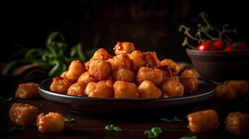 tater tots con soia salsa su un' sfocatura sfondo, ai generativo foto