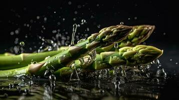 asparago colpire di spruzzi di acqua con Perfetto visualizzazione angoli e sfocato sfondo, ai generativo foto
