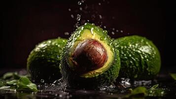 avocado frutta colpire di spruzzi di acqua con Perfetto visualizzazione angolo, ai generativo foto