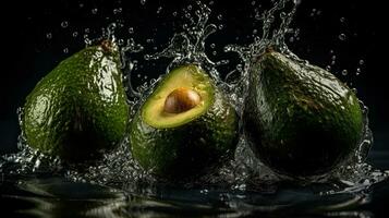 avocado frutta colpire di spruzzi di acqua con Perfetto visualizzazione angolo, ai generativo foto