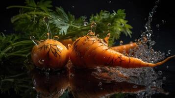 Perfetto Visualizza vicino su carote colpire di spruzzi di acqua con nero sfocatura sfondo, ai generativo foto