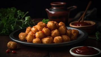 croccante tater tots con soia salsa su un' sfocatura sfondo, ai generativo foto