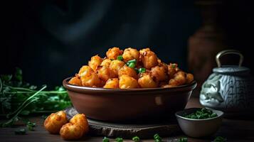 croccante tater tots con soia salsa su un' sfocatura sfondo, ai generativo foto