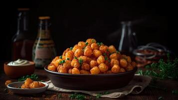 croccante tater tots con soia salsa su un' sfocatura sfondo, ai generativo foto