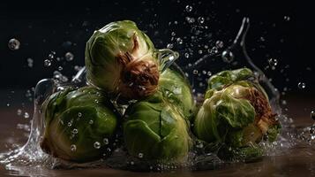 Bruxelles germogli colpire di spruzzi di acqua con nero sfocatura sfondo e Perfetto visualizzazione angolo, ai generativo foto