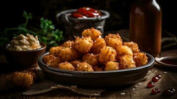 tater tots con soia salsa su un' sfocatura sfondo, ai generativo foto