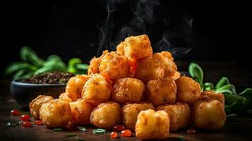 croccante tater tots con soia salsa su un' sfocatura sfondo, ai generativo foto