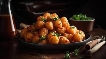 croccante tater tots con soia salsa su un' sfocatura sfondo, ai generativo foto