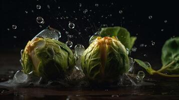 Bruxelles germogli colpire di spruzzi di acqua con nero sfocatura sfondo e Perfetto visualizzazione angolo, ai generativo foto