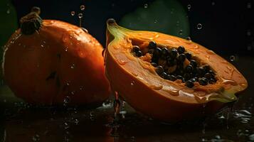 fresco papaia colpire di spruzzi di acqua con nero sfocatura sfondo, ai generativo foto