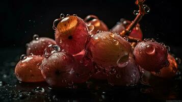 uva frutta colpire di spruzzi di acqua con nero sfocatura sfondo, ai generativo foto