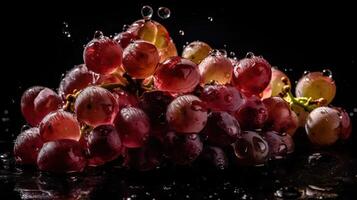 fresco uva frutta colpire di spruzzi di acqua con nero sfocatura sfondo, ai generativo foto