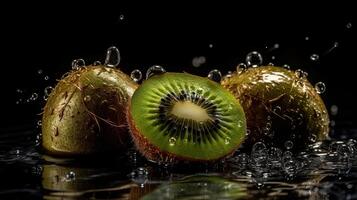 avvicinamento Kiwi colpire di spruzzi di acqua con nero sfocatura sfondo, ai generativo foto