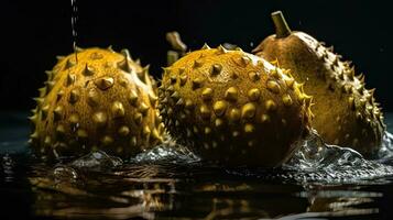 jackfruit colpire di spruzzi di acqua con nero sfocatura sfondo, ai generativo foto