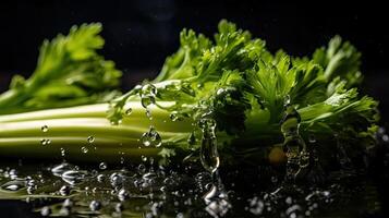 sedano colpire di spruzzi di acqua con nero sfocatura sfondo, ai generativo foto