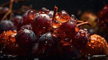 uva frutta colpire di spruzzi di acqua con nero sfocatura sfondo, ai generativo foto