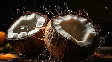 avvicinamento Noce di cocco frutta colpire di spruzzi di acqua con nero sfocatura sfondo, ai generativo foto