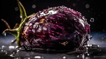 melanzana colpire di spruzzi di acqua con nero sfocatura sfondo, ai generativo foto