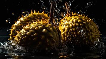 jackfruit colpire di spruzzi di acqua con nero sfocatura sfondo, ai generativo foto