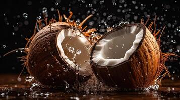 Noce di cocco frutta colpire di spruzzi di acqua con nero sfocatura sfondo, ai generativo foto