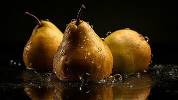 avvicinamento di Pera frutta colpire di spruzzi di acqua con nero sfocatura sfondo, ai generativo foto