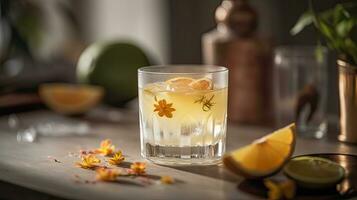 avvicinamento fresco pisco punch cocktail con lime tagliare e sfocato sfondo, ai generativo foto