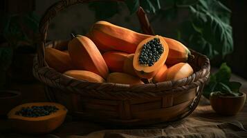 papaia frutta nel un' bambù cestino con sfocatura sfondo, ai generativo foto