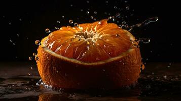 affettato arancia frutta colpire di spruzzi di acqua con nero sfocatura sfondo, ai generativo foto