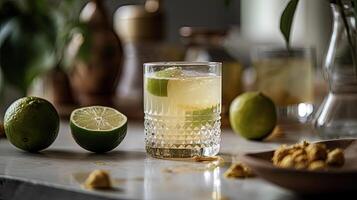 avvicinamento fresco pisco punch cocktail con lime tagliare e sfocato sfondo, ai generativo foto