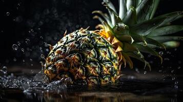 ananas colpire di spruzzi di acqua con nero sfocatura sfondo, ai generativo foto