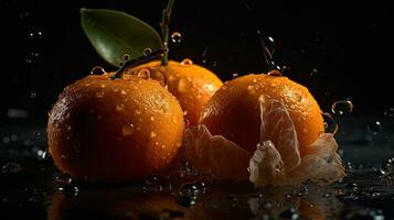 avvicinamento di affettato arancia frutta colpire di spruzzi di acqua con nero sfocatura sfondo, ai generativo foto