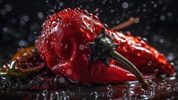 rosso chili colpire di spruzzi di acqua con nero sfocatura sfondo, ai generativo foto