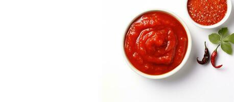 foto di Due ciotole pieno con vivace rosso salsa, Perfetto per aggiungendo un' scoppiare di colore e gusto per qualunque piatto con copia spazio