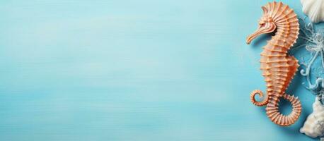 foto di un' cavalluccio marino e conchiglie su un' vivace blu sfondo con ampio copia spazio con copia spazio