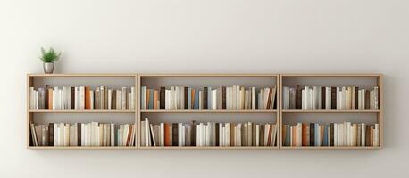 foto di un' scaffale pieno con libri contro un' pulito bianca parete con copia spazio